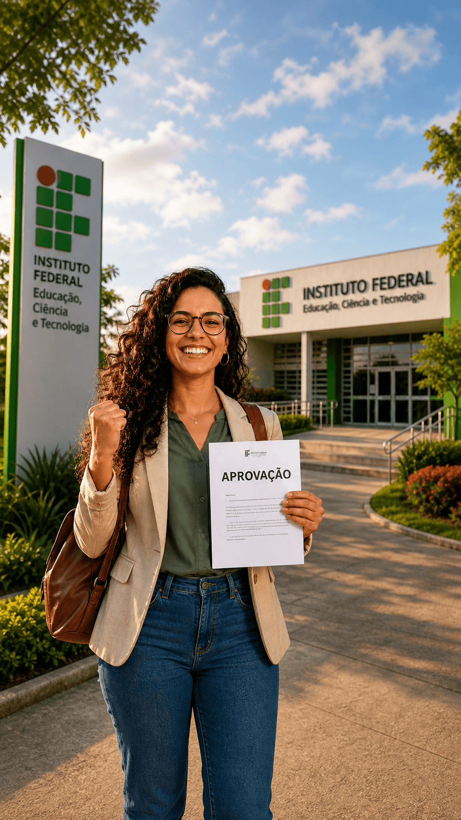 Aluna aprovada segurando o certificado de aprovação no Trajetória Federal
